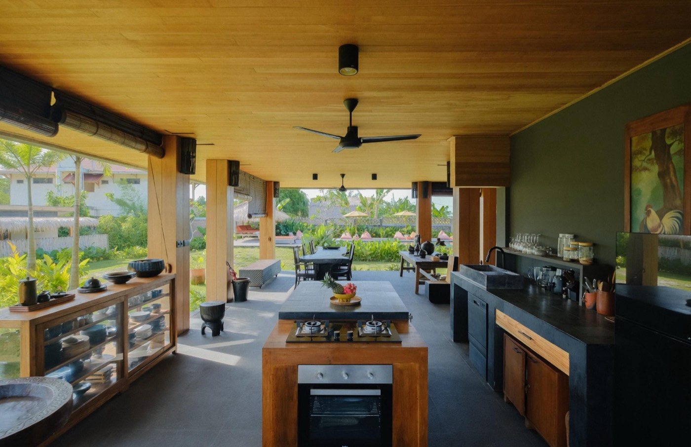 the kitchen and dining area seen from the side