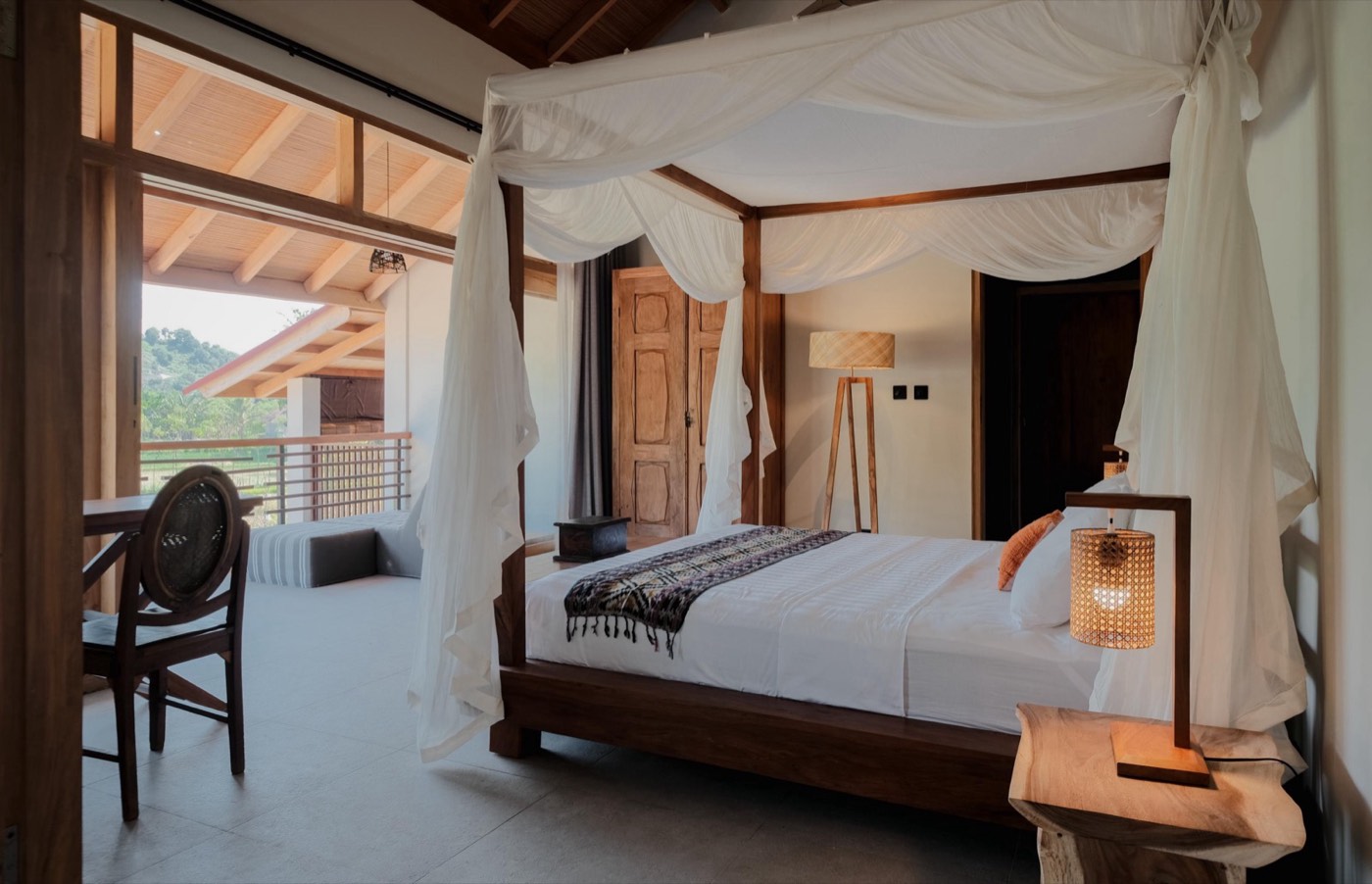 a bedroom with the bed facing the balcony and the view